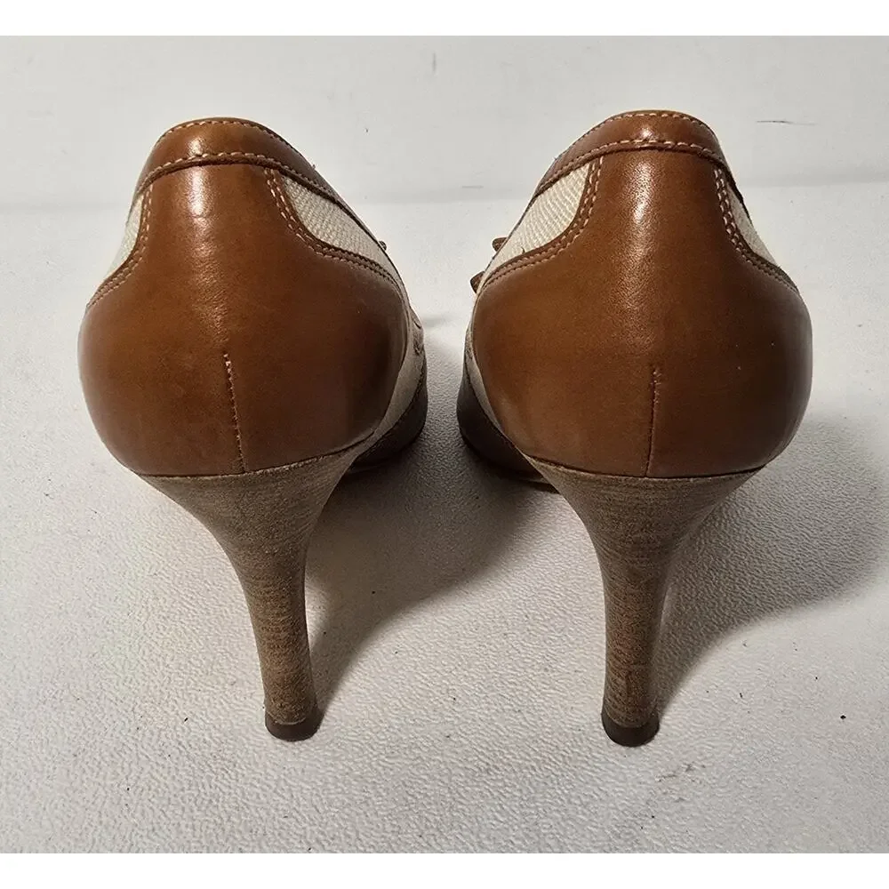 Brooks Brothers Spectator Heels Fringe & Bow Cognac/Natural Sz 7.5 M - Picture 7 of 9